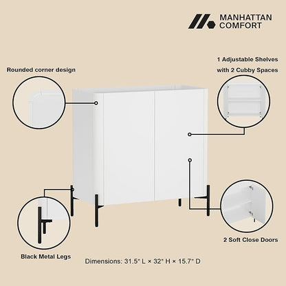 Manhattan Comfort Abbey Accent Cabinet with Doors, Tray Top Design and Adjustable Shelves, Sleek Modern Storage Furniture for Dining Area, Living Room, Bedroom, Entryway, White