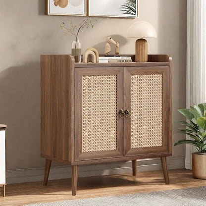 Buffet Cabinet, Rattan Storage Cabinet with Round Pull Rings, Sideboard with Ample Storage, Bar Liquor Shelf with 2 Doors for Living Room, Hallway, Light Brown