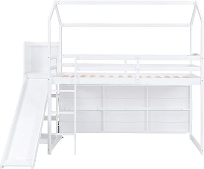 Twin Size House Loft Bed with Slide, Storage Shelves and Light, Wood Kids Bed Frame with Guardrail and Ladder,Climbing Ramp,for Teens Boys Girls Bedroom, White