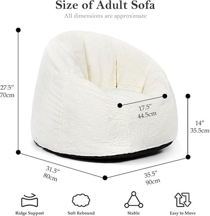 N&V Medium Shell Bean Bag Chair, Adult Size Bean Bag Sack, Foam Filling, Includes Removable and Machine Washable Cover, 37in, Soft Faux Fur, White