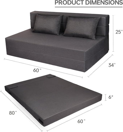 Folding Sofa Bed, Foldable Bed Sleeper Chair with Pillow, Convertible Sofa Bed with Washable Cover, Fold Out Couch,Futon Couch for Living Room, Dorm, Guest Room, Queen Size, Dark Grey