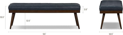POLY & BARK 55" Tufted Leather Bed Bench for Bedroom End of Bed - Living Room Entry Way Bench - Pure Italian Leather Upholstery with a Solid Wood Frame - Ottoman Bench with Wooden Legs - Deepsky Blue