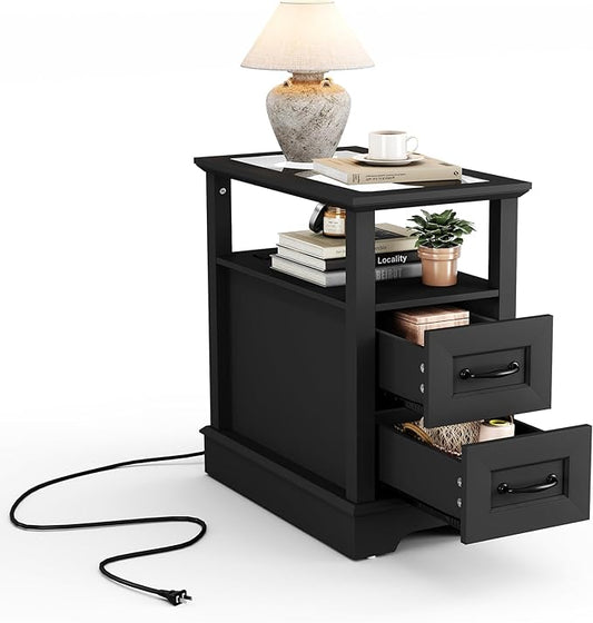 LINSY HOME End Table with Charging Station, Narrow Sofa Couch Side Table with Storage Drawers, Wooden Bedside Table for Living Room, Slim Nightstand for Small Space, Glass Top, Black