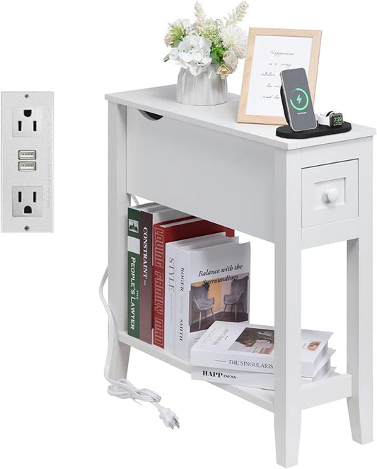 White End Table with Movable Top and Charging Station, Narrow Side Table with Storage Cabinet and USB, Sofa Table for Living Room Bedroom,White Side Table with Charger