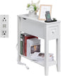 White End Table with Movable Top and Charging Station, Narrow Side Table with Storage Cabinet and USB, Sofa Table for Living Room Bedroom,White Side Table with Charger