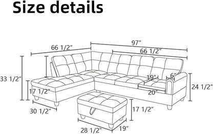 L Shaped Sectional Couches for Living Room, Modern Modular Sectional Sofa with Ottoman Storage, Comfy L Shaped Couch with Chaise for Bedroom Apartment Furniture, Black