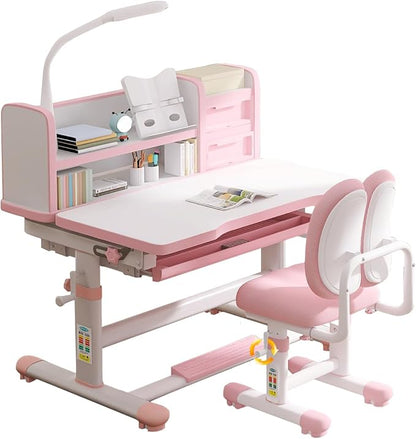 Kids Study Table and Chair Set Pink Adjustable Art Desk for Bedroom Girls Study Table with Large Writing Board Bookshelf and Drawer Kids Functional Desk and Chair Set with LED Light