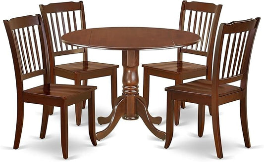 East West Furniture DLDA5-MAH-W 5 Piece Dining Set Includes a Round Dining Room Table with Dropleaf and 4 Wood Seat Chairs, 42x42 Inch, Mahogany