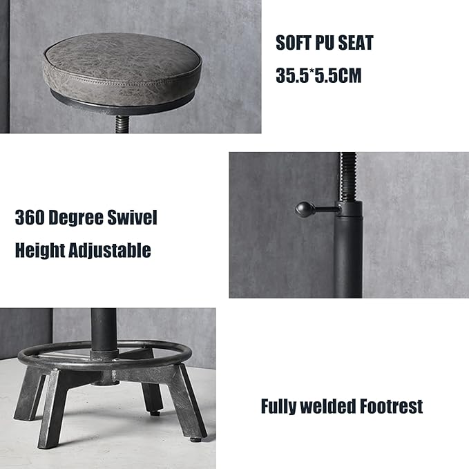 Rusitc Swivel PU Seat Bar Stools Industrial 24-28inch Height Adjustable Counter Island Stool Office Guest Chair