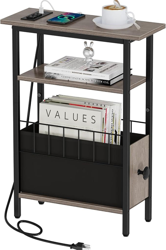 Snughome Narrow Side Table with Charging Station, Slim End Table for Small Spaces, 3 Tier Skinny Nightstand with Drawer, Sofa Beside Table with Storage Shelf for Living Room Bedroom Grey