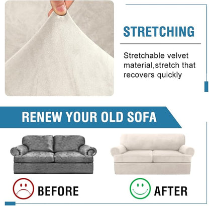 H.VERSAILTEX Sofa Cover 3 Piece T Cushion Sofa Slipcovers Thick Velvet Couch Cover Furniture Protector Stretch Sofa Covers for 2 Cushion Couch with 2 Individual T Cushion Covers Washable, Ivory