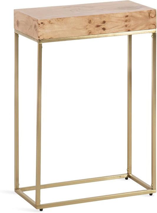 Kate and Laurel Karlsen Modern Wood and Metal Burlwood Narrow Side Table; 16 x 24 x 8; Burlwood and Gold; Slim End Table for Use as Skinny Bedroom Nightstand or Entryway Table Option