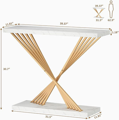 39.4 Inch Gold Console Table, White Faux Marble Modern Entryway Table Sofa Tables Behind The Couch for Entrance Hallway Living Room, X-Shape