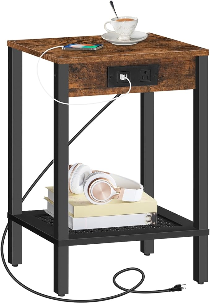 HOOBRO Side Table with Charging Station, End Table with USB Ports and Outlet, Nightstand with Storage Shelf, Faux Rattan Decoration, for Living Room, Bedroom, Rustic Brown and Black BF91UBZ01