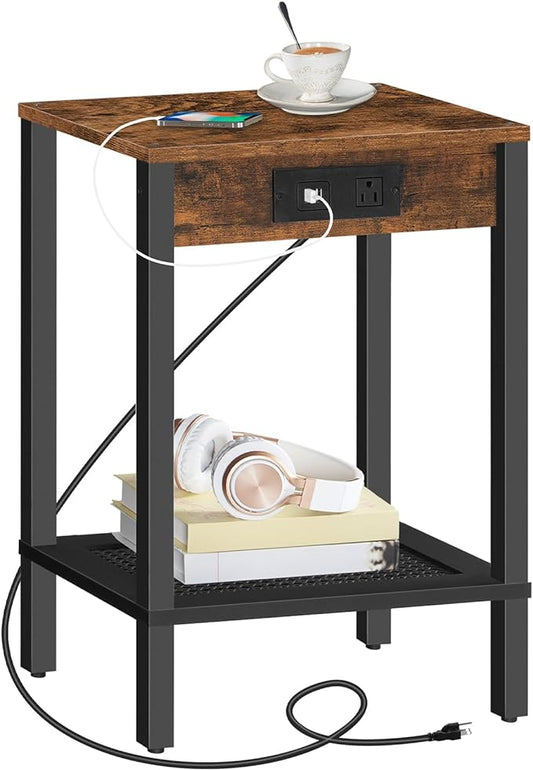 HOOBRO Side Table with Charging Station, End Table with USB Ports and Outlet, Nightstand with Storage Shelf, Faux Rattan Decoration, for Living Room, Bedroom, Rustic Brown and Black BF91UBZ01