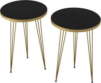 PAK HOME Set of 2 End Tables Round Wood Sofa Side Coffee Tables for Small Spaces, Nightstand Bedside Table with Metal Legs for Bedroom, Living Room, Office, Balcony (Black High Gloss)