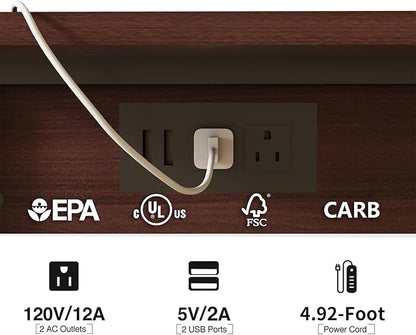LIDYUK C Shaped End Table with Charging Station, Flip Top Side Table with USB Ports and Outlets, C Table Sofa Table with Storage Shelf for Living Room, Bedroom, Dark Cherry