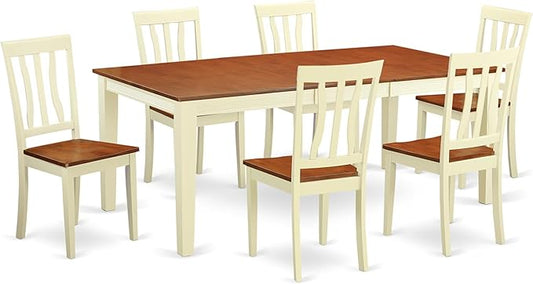 East West Furniture QUAN7-WHI-W 7 Piece Dining Table Set Consist of a Rectangle Dinner Table with Butterfly Leaf and 6 Dining Room Chairs, 40x78 Inch, Buttermilk & Cherry