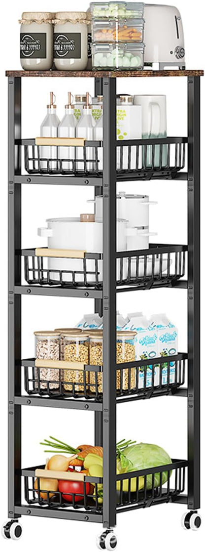 Kitchen Storage Cart Slim Rolling Cart On Wheels,5-Tier Skinny Kitchen Island Utility Organizer Storage Cart with Pull-Out Baskets and Wood Top,Mesh Fruit Basket Cart with Handle