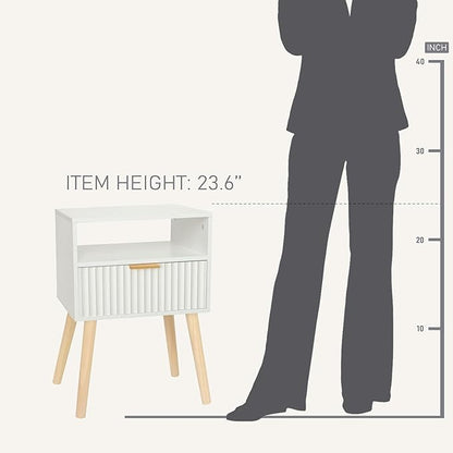 Night Stand, White Bedside Table with Drawers and Open Shelf, Fluted Nightstand with Solid Wood Legs for Bedroom, Dorm and Small Space (White)