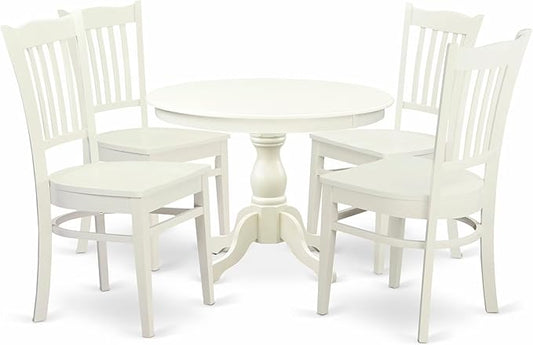 East West Furniture HBGR5-LWH-W 5 Piece Kitchen Table & Chairs Set Includes a Round Dining Room Table with Pedestal and 4 Dining Chairs, 42x42 Inch, Linen White