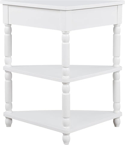 GDFStudio Trmxmbi 3 Tier Corner Console Table with 1 Storage Drawers and Shelves, 33.8'' Rustic Wood Triangle Sofa End Table for Small Spaces, Solid Wood Legs, Milk White
