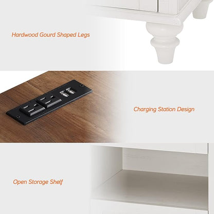WAMPAT White Side Table with 2 Drawers & Charging Station, Mid Century Nightstand for Bedroom with Power Outlets & USB Ports, Wooden Bedside Table Night Stand with Shelf for Living Room, Antique White