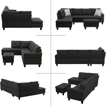L Shaped Modular Sectional Sofa with Reversible Chaise Lounge, 5-Seater Corner Couch, Linen Upholstery Convertible Sofá w/Movable Ottoman, Cup Holders, 2 Pillows and Rivet Ornament for Living Room