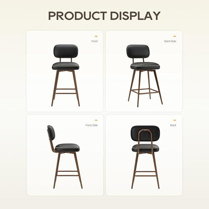 Swivel Bar Stools Set of 4, Mid Century PU Leather Counter Height Bar Chairs with Low Back and Metal Legs, Modern Bar Stool Chair for Kitchen Island, Black