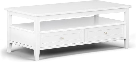 SIMPLIHOME Warm Shaker Coffee Table - 48 inch Wide Solid Wood Cocktail Table in White, Transitional Living Room Table with 2 Storage Drawers and Open Shelf for Sitting Area or Lounge