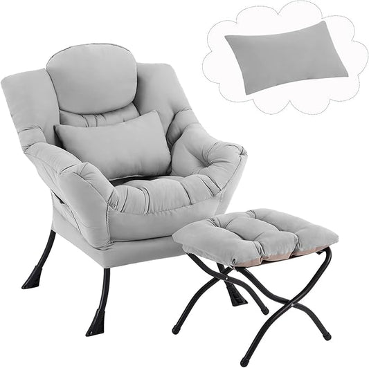 Lazy Chair with Ottoman, Modern Lounge Chair with Lumbar Pillow, Accent Cozy Reading Armchair and Folding Footstool for Bedroom, Dorm, Living Room,Light Grey