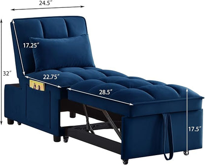 KEIKI Velvet Single Convertible Sleeper Chair Sofa Bed with Adjustable Backrest, Pillows & Storage Pockets, 3 in 1 Pull-Out Couch Chaise Lounge Recliner for Living Room Balcony Bedroom, Navy
