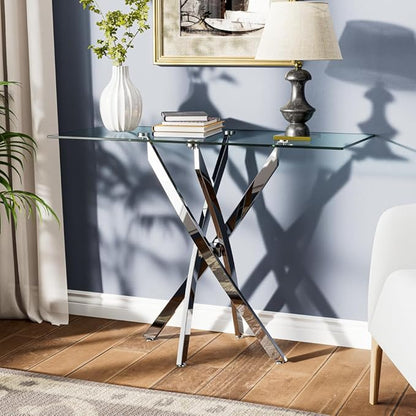 Tempered Glass Console Table with Chromed Legs, Modern Narrow Sofa Table for Hallway Entryway (Sliver, 47"x18"x30")