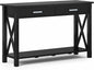 SIMPLIHOME Kitchener Console Table - 47 Inch Wide Solid Wood Sofa Table in Black, Contemporary Storage Table for Entryway or Living Room with 2 Drawers, Bottom Shelf, and X-Design Side Panels