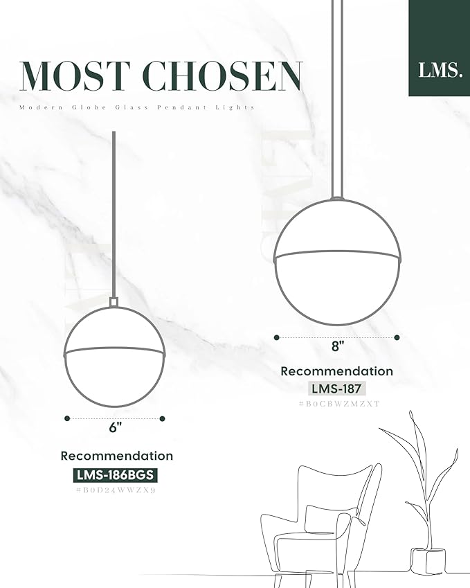 LMS 6-inch Modern Pendant Light, Brushed Gold Industrial Kitchen Island Pendant Light with Clear Globe Glass, Adjustable Hanging Pendant Light Fixtures for Dining Room Living Room, LMS-186BGCS