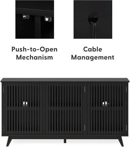 Plank+Beam Mid-Century Modern Wood TV Stand, Three Door Solid Wood Entertainment Console with Storage, 59" L x 16" W x 30" H, Black