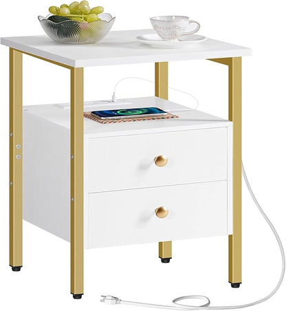 HOOBRO End Table with Charging Station, Bedside Table with 2 Drawer & USB Port & Type-C Port, Nightstand for Small Spaces, Stable and Sturdy, for Living Room, White and Gold DW43UBZ01