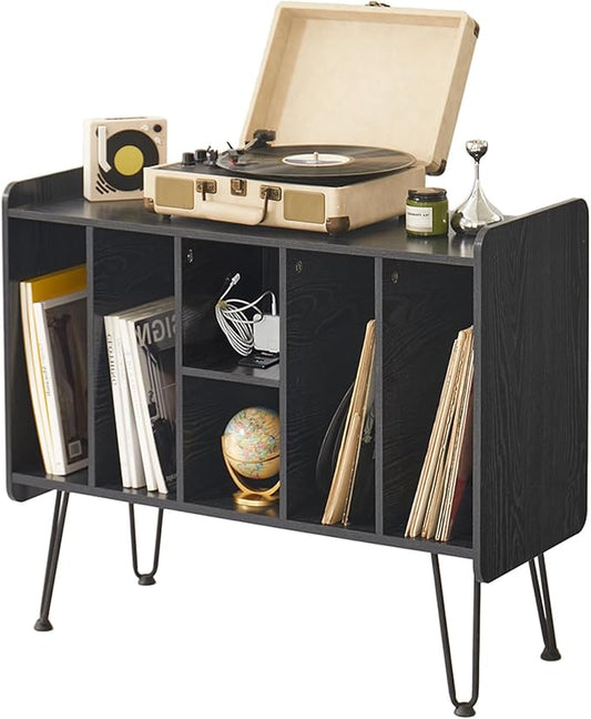 Large Record Player Stand with Vinyl Storage, Black Record Player Table with Power and USB Port, Holds Up to 200 Albums, Turntable Stand with Record Storage, Vinyl Record Player Storage Cabinet