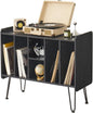 Large Record Player Stand with Vinyl Storage, Black Record Player Table with Power and USB Port, Holds Up to 200 Albums, Turntable Stand with Record Storage, Vinyl Record Player Storage Cabinet
