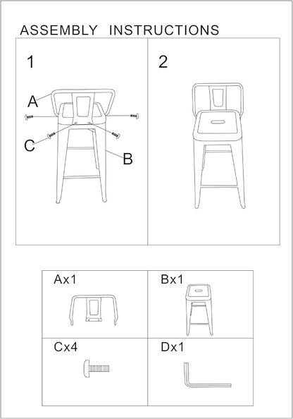 AC Pacific 30” Metal Barstool Set of 2 – Country Rustic Style with Low Back, Lightweight & Sturdy Build, Easy Assembly – Midnight Matte Finish