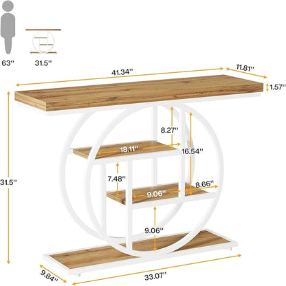 Tribesigns 41.3" Console Table, Industrial 4-Tier Sofa Table Entryway Table with Circle Base, Narrow Wood Accent Tables with Storage Shelves for Living Room, Hallway, Foyer, Brown White