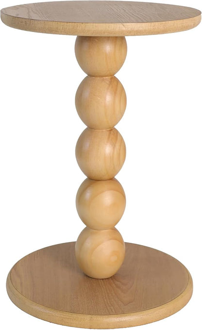 Round Wooden Side Table with Stacked Ball Pedestal Base, Accent Nightstand for Living Room, Bedroom, Corners (Natural)