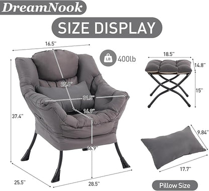 Lazy Chair with Ottoman, Modern Accent Chair with Lumbar Pillow, Comfy Chairs with Folding Footrest for Bedroom, Reading, Oversized Supportive Lounge Chairs(Dark Grey)