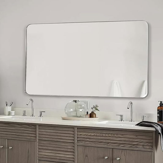 Silver Wall Mirror, 30x48 Inch Rounded Rectangle Vanity Mirror for Bathroom, Anti-Rust, Shatterproof, Farmhouse Wall Mounted Horizontal/Vertical