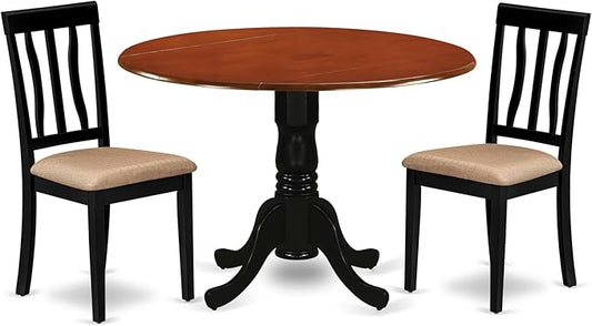 East West Furniture DLAN3-BCH-C 3 Piece Dining Room Table Set Contains a Round Kitchen Table with Dropleaf and 2 Linen Fabric Upholstered Dining Chairs, 42x42 Inch, Black & Cherry