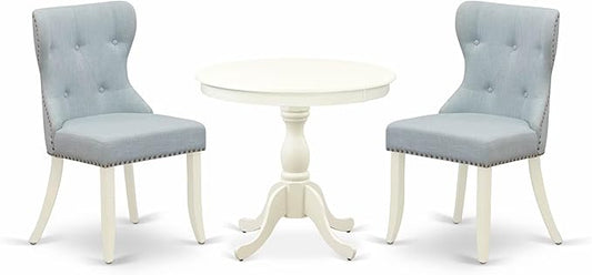 East West Furniture AMSI3-LWH-15 3 Piece Dining Table Set for Small Spaces Contains a Round Kitchen Table with Pedestal and 2 Baby Blue Linen Fabric Parsons Chairs, 36x36 Inch, Linen White
