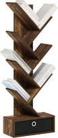 Furinno Tree Bookshelf 7-Tier Floor Standing Tree Bookcase with Bin Drawer, Amber Pine/Black