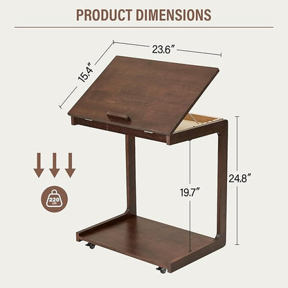 CozyDH Adjustable C Shaped End Table, Rolling Side Table Solid Wood TV Sofa Tray Table for Couch Arm Eating Multi-Purpose, Small Coffee Table with Wheels Living Room Bedroom, Dark Walnut