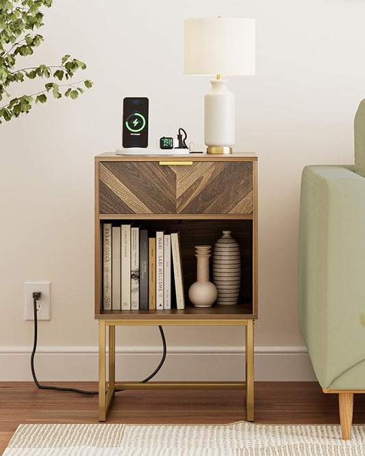 Nightstand with Charging Station,Modern Night Stand Boho Farmhouse Wood Bedside Table with Storage Drawer and Open Shelf,Side End Table for Bedroom,Living Room,Walnut