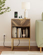 Nightstand with Charging Station,Modern Night Stand Boho Farmhouse Wood Bedside Table with Storage Drawer and Open Shelf,Side End Table for Bedroom,Living Room,Walnut